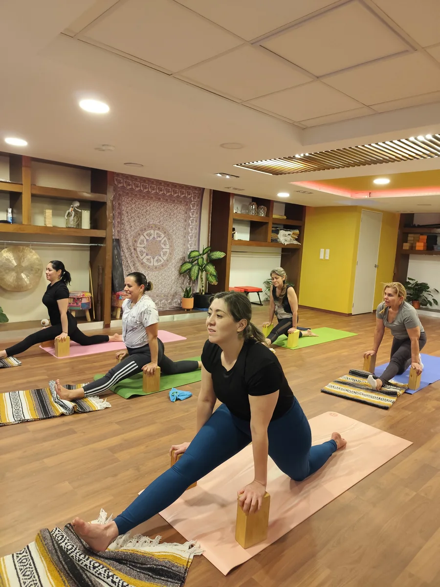 Grupo practicando estiramientos, distintas edades y cuerpos